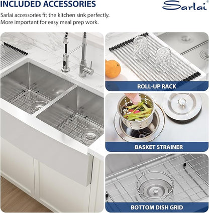 Sarlai 36 Farmhouse Kitchen Sink Stainless Steel Double Bowl - 36 Inch Farm Sink Apron Front Double Bowl 50/50 Stainless Steel 16 Gauge Farmer Kitchen Sinks Basin