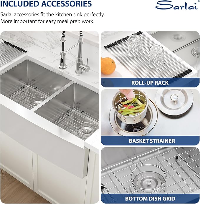 Sarlai 33 Farmhouse Sink Double Bowl- 33x21 Inch Apron Front Kitchen Sink Double Bowl 50/50 Stainless Steel 16 Gauge Round Corner Farm Farmer Kitchen Sinks