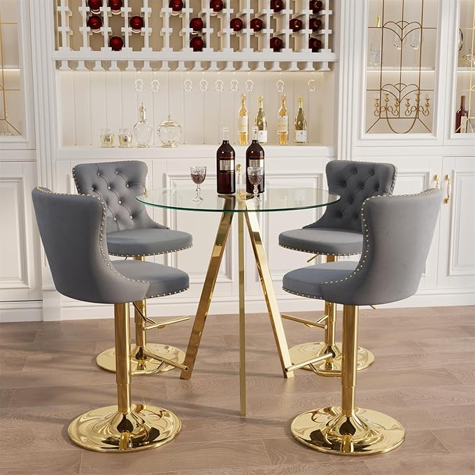 yeag 31.5'' Luxury Gold Bistro Table and Adjustable Chairs Set for 4, Small Round Glass Bar Table 4 Adjustable Velvet Swivel Bar Stools for Pub (Gold Metal Legs, Clear Top + Grey Chair)