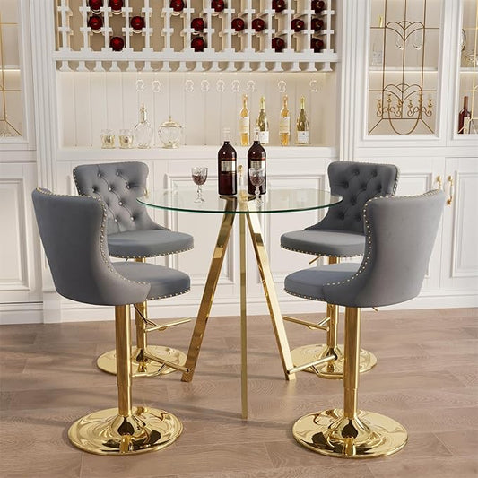 yeag 31.5'' Luxury Gold Bistro Table and Adjustable Chairs Set for 4, Small Round Glass Bar Table 4 Adjustable Velvet Swivel Bar Stools for Pub (Gold Metal Legs, Clear Top + Grey Chair)