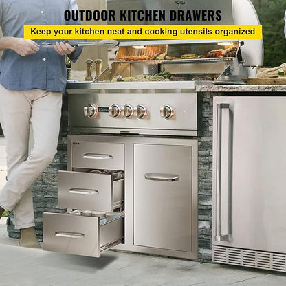 VEVOR Stainless Steel Cabinet, Outdoor Kitchen Door Drawer Combo 29.5" W x 22.6" H x 21.7" D, Access Door/Triple Drawers, Propane Drawer, Adjustable Garbage Ring, BBQ Island Patio Grill Station