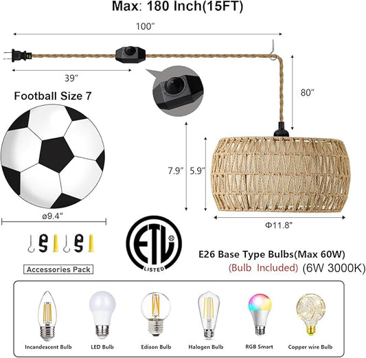 Boho Rattan Pendant Lights Farmhouse 12 Inch Plug in Chandelier Light Fixture Rustic Wicker Hand Woven Pendant Hanging Light with Cord for Dining Room Kitchen Bedroom Foyer Hallway