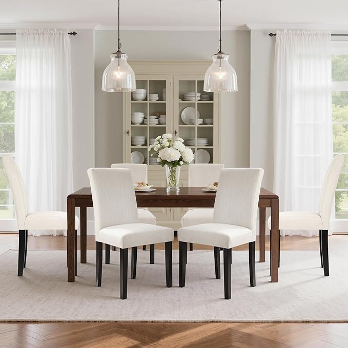 VECELO Upholstered Dining Chairs Set of 2, Modern Fabric and High Back & Solid Wood Legs, Parsons for Kitchen/Living Room- Beige
