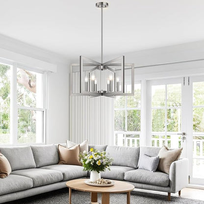 25" Modern Brushed Nickel Chandelier for Dining Room, No Assembly Required Brushed Nickel Dining Room Light Fixture Over Table, Industrial Metal Hanging Pendant Lights Fixture for Kitchen Island