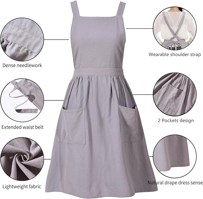 Pinknoke Cotton Linen Pinafore Apron Dress for Women with Pockets Cute Art Chef Aprons for Kitchen Baking Gardening Painting