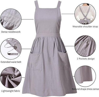 Pinknoke Cotton Linen Pinafore Apron Dress for Women with Pockets Cute Art Chef Aprons for Kitchen Baking Gardening Painting