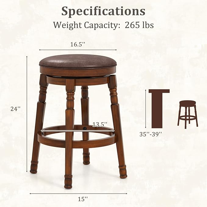 Giantex Swivel Bar Stools Set of 2, 24" Counter Height Bar Stools w/Faux Leather Padded Seat, Footrests, Solid Wooden Frame, Farmhouse Backless Barstools for Kitchen Island, Pub, Dining Room, Cafe