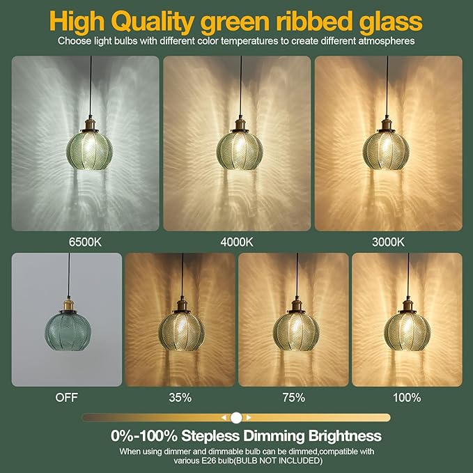 7.8in Vintage Pendant Light 3-Light Kitchen Sink Pendant Lights with Green Hand Blown Glass Small Hanging Lamp for Kitchen Island Dining Room Bedroom Bathroom Hallway E26