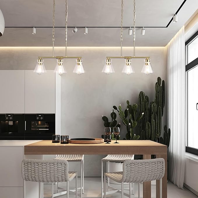 Gold Kitchen Island Lighting, 3-Light Farmhouse Pendant Light with Seeded Glass Shades, Adjustable Dining Room Chandelier for Entryway, Hallway, Foyer, Living Room, Bedroom
