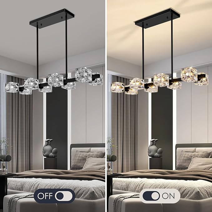 Black Chandeliers for Dining Room, Modern Crystal Pendant Lights Fixture with Cube Shade, 8-Lights Farmhouse Hanging Dining Light Fixtures Over Table for Kitchen Island, Living Room, Bedroom (G9 Base)