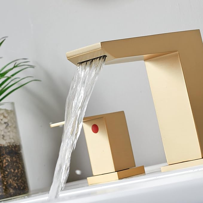 Brushed Gold Bathroom Sink Faucet, 3 Hole Waterfall Bathroom Faucet, 2 Handle Vanity Bath Faucets, Modern Bathroom Faucet with Supply Hoses and Drain