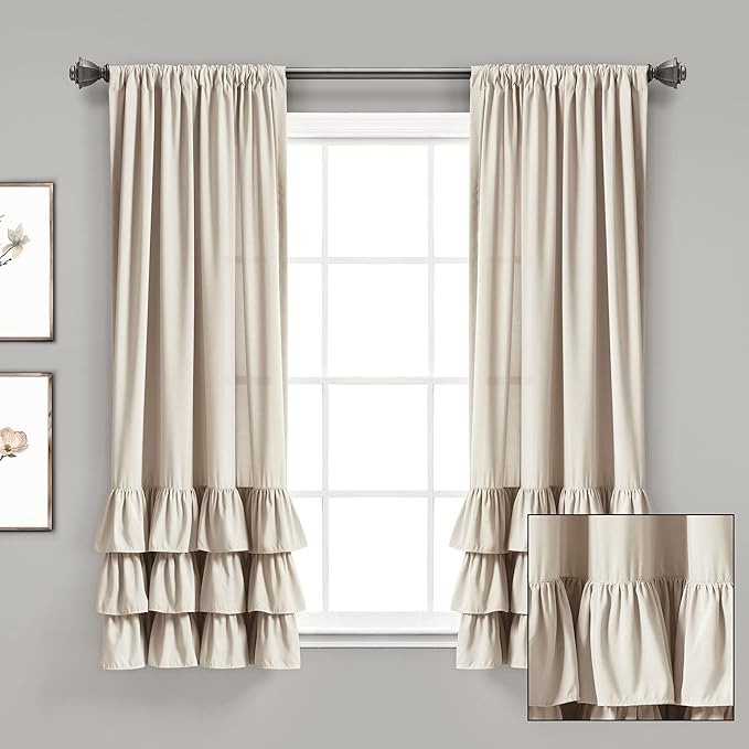 Lush Decor Allison Ruffle Light Filtering Window Curtain Panels Pair 40" W x 63" L Neutral - Coquette Curtains for Bedroom - Drapes - Ruffle Curtains Kids