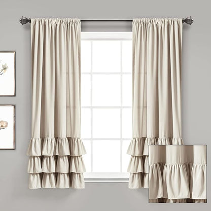 Lush Decor Allison Ruffle Light Filtering Window Curtain Panels Pair 40" W x 63" L Neutral - Coquette Curtains for Bedroom - Drapes - Ruffle Curtains Kids