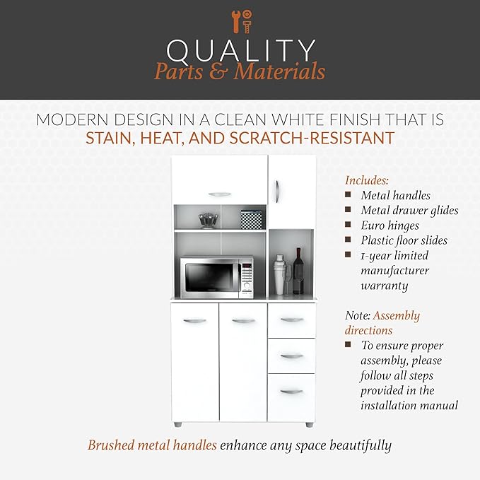 Inval America 4-Door Kitchen Microwave Storage Cabinet with 3 Drawers, Kitchenette Standing Pantry, 71"H x 23.6"W x 17.1"D, White