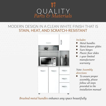 Inval America 4-Door Kitchen Microwave Storage Cabinet with 3 Drawers, Kitchenette Standing Pantry, 71"H x 23.6"W x 17.1"D, White