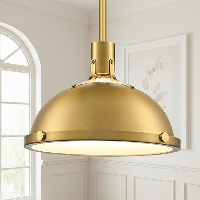 12.7 Inch Brushed Gold Modern Pendant Lights, Contemporary Dome Kitchen Island Pendant Lighting, 1-Light Small Ceiling Hanging Light Fixture with Opal Glass Diffuser, Over Sink Table Bar Hall