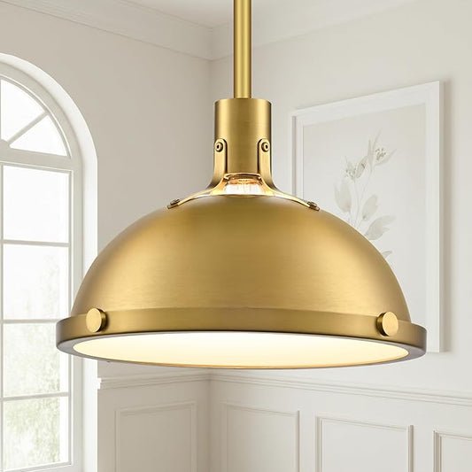 12.7 Inch Brushed Gold Modern Pendant Lights, Contemporary Dome Kitchen Island Pendant Lighting, 1-Light Small Ceiling Hanging Light Fixture with Opal Glass Diffuser, Over Sink Table Bar Hall
