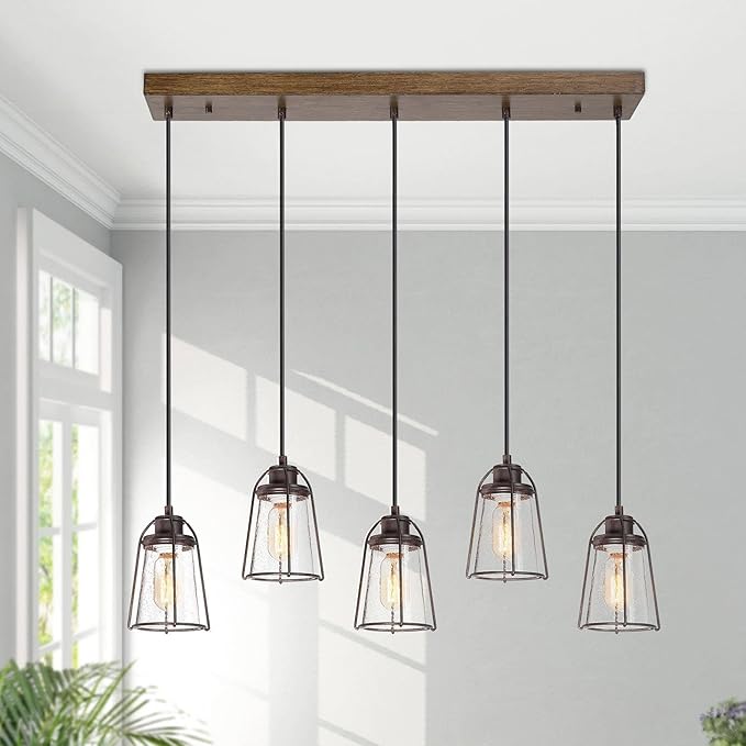 KSANA 5-Light Kitchen Island Lighting, Farmhouse Linear Chandelier with Seeded Glass Shade, Rustic Faux Wood Dining Room Light Fixture Over Table