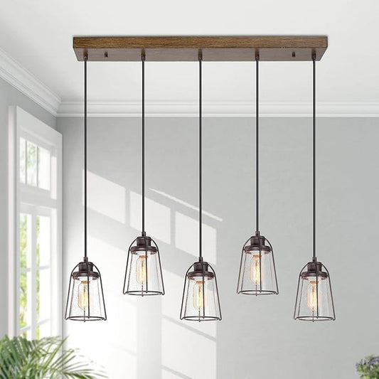 KSANA 5-Light Kitchen Island Lighting, Farmhouse Linear Chandelier with Seeded Glass Shade, Rustic Faux Wood Dining Room Light Fixture Over Table