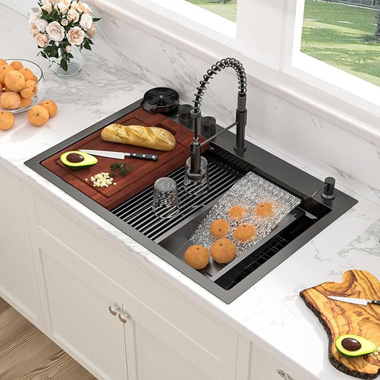 Sarlai Waterfall Kitchen Sink 30 Inch Black Drop In Kitchen Sink Topmount 16 Gauge Stainless Steel 30x22 Inch Single Bowl Multifuction Workstation Top Mount Sinks with Double Knob