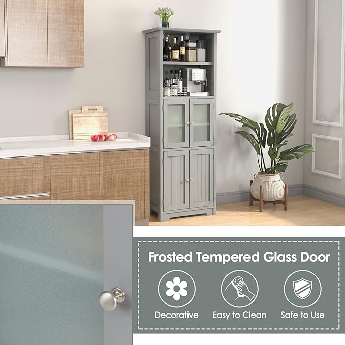 Tangkula Tall Bathroom Storage Cabinet, Freestanding Floor Cabinet w/2 Glass Doors & 2 Open Shelves, 3-Position Adjustable Shelves, Anti-toppling Design, 64” Tall Pantry Cupboard for Kitchen