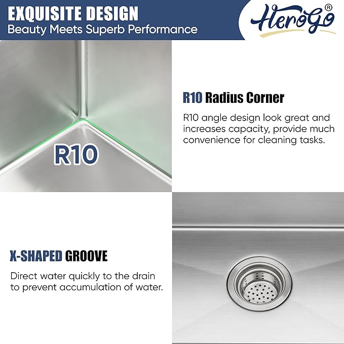 27x18Inch Undermount Kitchen Sink, Herogo Stainless Steel Single Bowl Handmade 16 Gauge 10'' Deep Kitchen Workstaion Sink Basin with Accessories