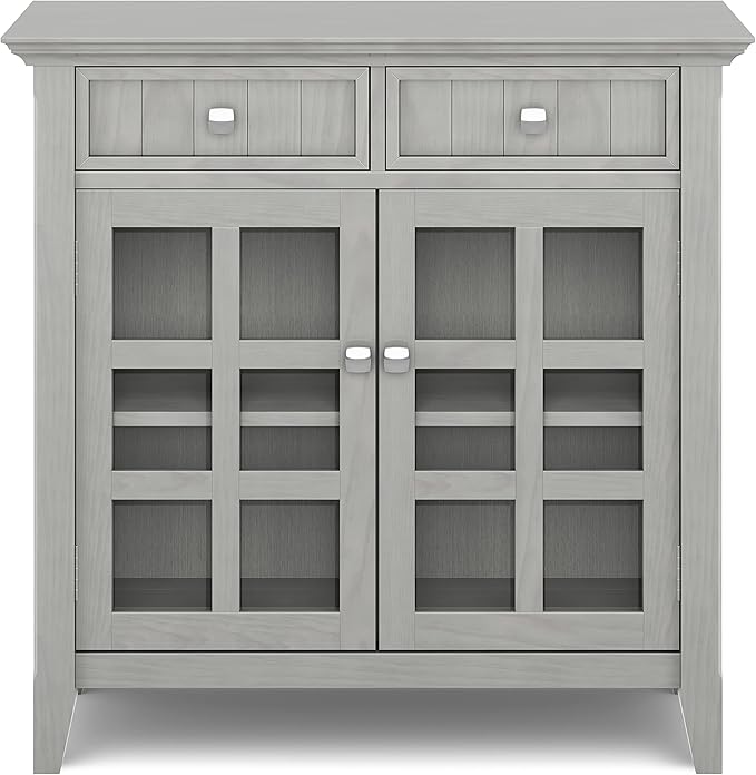 SIMPLIHOME Acadian Storage Cabinet - 36 inch Wide Solid Wood Entryway Storage Cabinet in Fog Grey, Transitional Cabinet for Hallway or Living Room with 2 Drawers and Adjustable Shelves