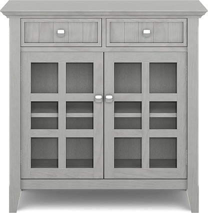 SIMPLIHOME Acadian Storage Cabinet - 36 inch Wide Solid Wood Entryway Storage Cabinet in Fog Grey, Transitional Cabinet for Hallway or Living Room with 2 Drawers and Adjustable Shelves