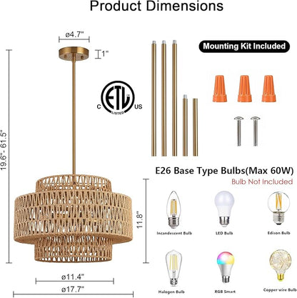 18 Inch Boho Chandeliers for Dining Room 4-Lights Black Farmhouse Light Fixtures Large Pendant Light Hand Woven Dining Table Light Fixture Rattan Hanging Lamp for Kitchen Island