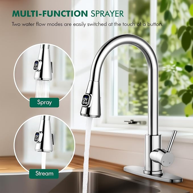 HOMELODY LED Temperature Display Kitchen Faucet with Pull Down Sprayer - Polished Chrome Single Handle Faucet for Kitchen Sink, High Arc Stainless Steel Design for RV Laundry Farmhouse Bar