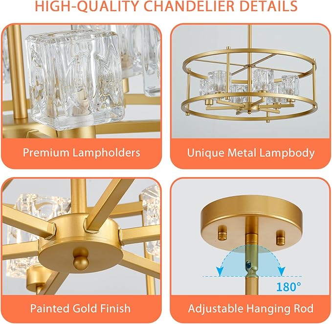 21.7" Round Gold Chandelier Ceiling 6-Light Modern Pendant Lighting Fixture Adjustable Height Chandeliers with Glass Lampshade for Bedroom Dining Room Kitchen Foyer
