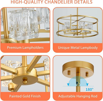 21.7" Round Gold Chandelier Ceiling 6-Light Modern Pendant Lighting Fixture Adjustable Height Chandeliers with Glass Lampshade for Bedroom Dining Room Kitchen Foyer