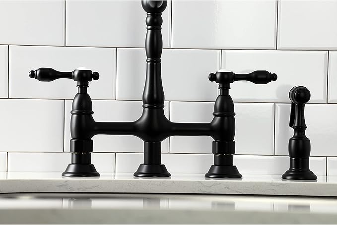Kingston Brass KS1270TALBS Two-Handle 4-Hole Deck Mount Bridge Kitchen Faucet with Brass Sprayer in Matte Black