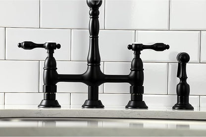 Kingston Brass KS1270TALBS Two-Handle 4-Hole Deck Mount Bridge Kitchen Faucet with Brass Sprayer in Matte Black