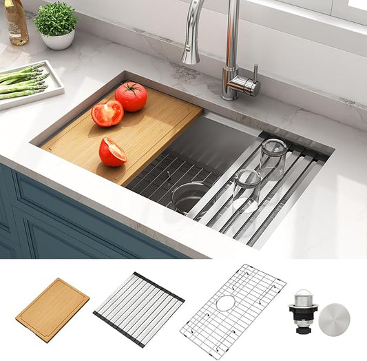 LQS 28 Inch Undermount Kitchen Sink, 28" x 18" x 10" Deep Single Bowl Kitchen Sink, 16 Gauage Stainless Steel Material, Workstation Ledge With R10 Round Corner And Abundant Accessories