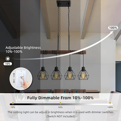 4-Light Modern Farmhouse Chandelier for Dining Room - Black Metal & Rustic Wood Kitchen Island Lighting with Adjustable Height, 29.5" Linear Pendant Light Fixture with Diamond Shades, UL Listed