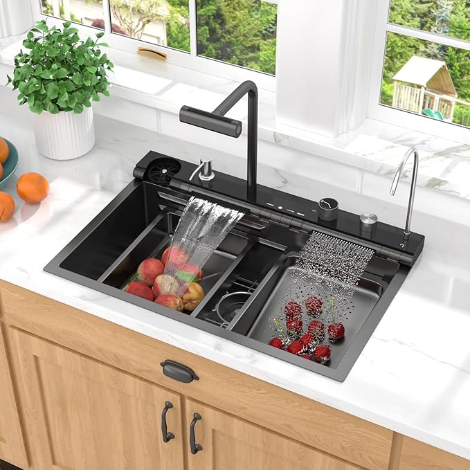 Smart Waterfall Kitchen Sink 30" Drop-In Single Bowl 16 Gauge 304 Stainless Steel Workstation Sink with Mechanical Control Panel & Pull-Down Faucet, Gunmetal Black for Decoration or Renovation