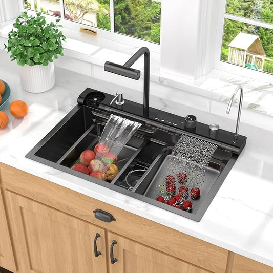 Smart Waterfall Kitchen Sink 30" Drop-In Single Bowl 16 Gauge 304 Stainless Steel Workstation Sink with Mechanical Control Panel & Pull-Down Faucet, Gunmetal Black for Decoration or Renovation