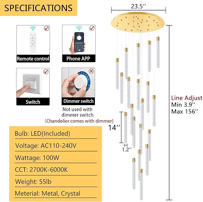 20-Lights Modern Led Crystal Chandeliers Long Large Spiral Chandeliers High Ceilings chandelier for Staircase Foyer