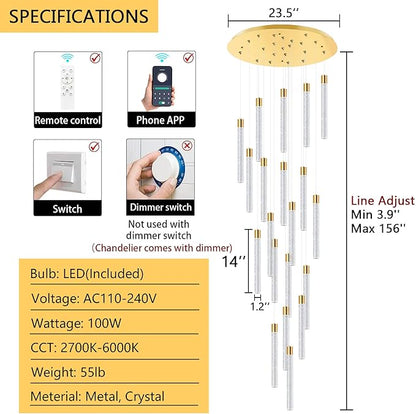 20-Lights Modern Led Crystal Chandeliers Long Large Spiral Chandeliers High Ceilings chandelier for Staircase Foyer