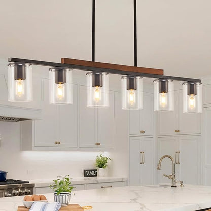 Mecgirn Farmhouse Dining Room Light Fixtures Over Table, Black Pendant Lights for Kitchen Island, 6 Light Large Linear Chandelier Lighting with Wood