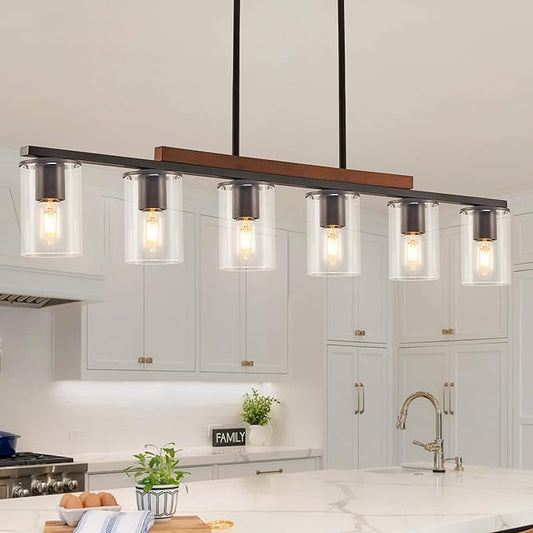 Mecgirn Farmhouse Dining Room Light Fixtures Over Table, Black Pendant Lights for Kitchen Island, 6 Light Large Linear Chandelier Lighting with Wood