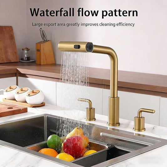 Kitchen Sink Faucet with Pull Down Sprayer - Brushed Gold 3 Hole Stainless Steel Kitchen Faucets - 2 Handle 8 Inch Champagne Bronze Waterfall Sinks Faucet for Laundry Farmhouse Three Holes Set