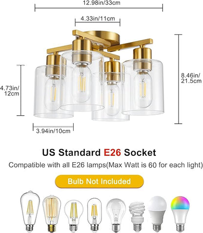 4 Light Semi Flush Mount Ceiling Light Brushed Gold Kitchen Lighting Fixtures Ceiling Brass Hallway Cieling Lights Fixture with Clear Glass Shade for Bedroom Dining Room