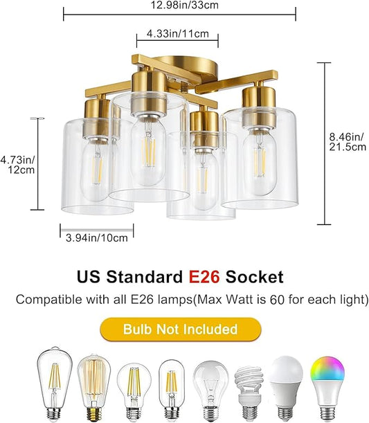 4 Light Semi Flush Mount Ceiling Light Brushed Gold Kitchen Lighting Fixtures Ceiling Brass Hallway Cieling Lights Fixture with Clear Glass Shade for Bedroom Dining Room
