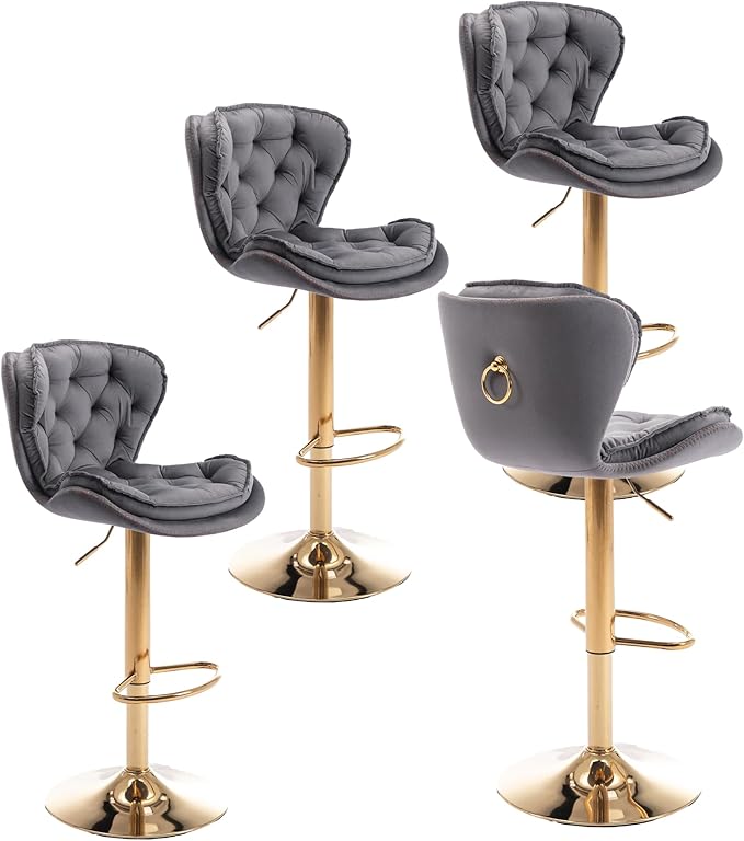 Rhomtree 24-33 Inch Swivel Bar Stools, Adjustable Counter Height Barstools, Velvet Tufted Back and Golden Footrest, Bar Chairs Kitchen Island, Cafe, Bar Counter, Dining Room, Coffee(Grey Set of 4)