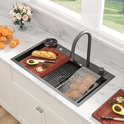Sarlai Waterfall Kitchen Sink - 33 Inch Drop In Workstation Sink With Waterfall Black Stainless Steel 16 Gauge Multifunction Single Bowl Smart Top Mount Kitchen Sinks with Mechanical Keys 33x19x9 Inch