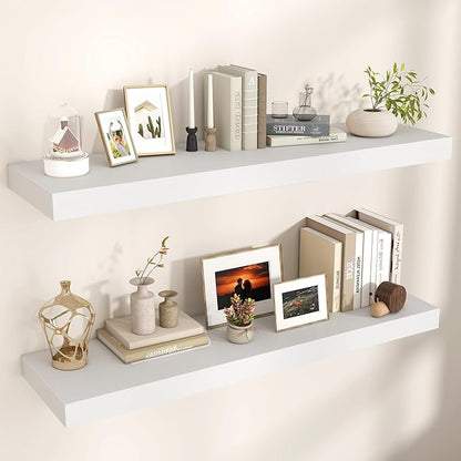 Venusmiles Floating Shelves for Wall, 48" W x 12" D x 2" H, 2 Pack of Long Wall Mounted Engineered Wood Shelves with Invisible Brackets for Living Room, Bedroom, Bathroom, Kitchen Decor, White