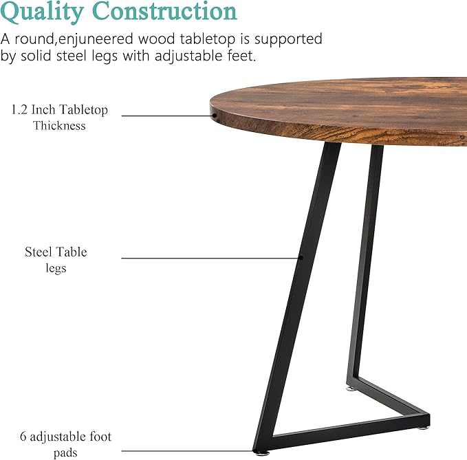 VECELO Round Dining Table Set for 4, Wood Tabletop & Heavy-Duty Steel Frame, 6-Piece Dinette with Chairs for Kitchen, Breakfast Nook, Antique Brown & Black