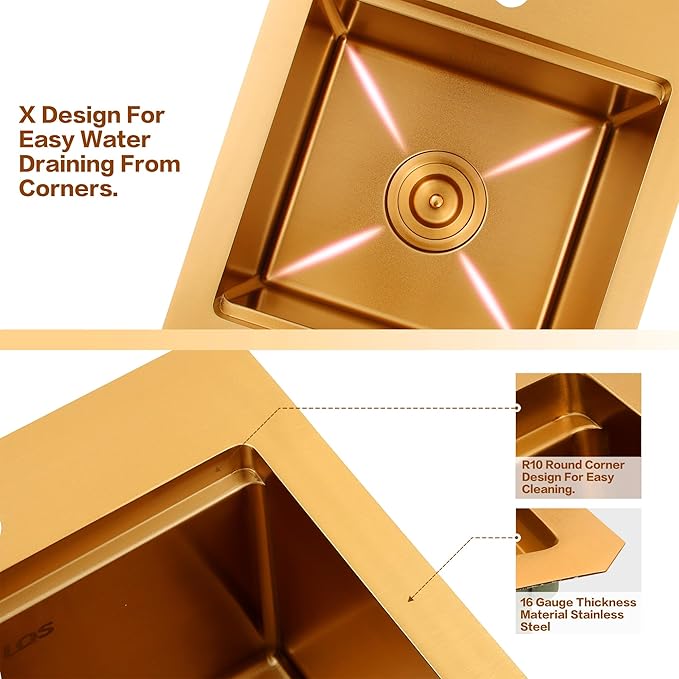 LQS Brushed Gold Finish Kitchen Sink, Small Gold Drop In Bar Sink 16” x 18” with Cutting Board, 16 Gauge Stainless Steel Golden Kitchen Sink, 10” Depth For Daily Use, Outdoor and Prep Use